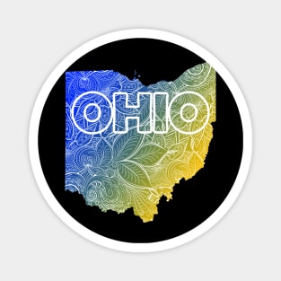 Colorful mandala art map of Ohio with text in blue and yellow Magnet